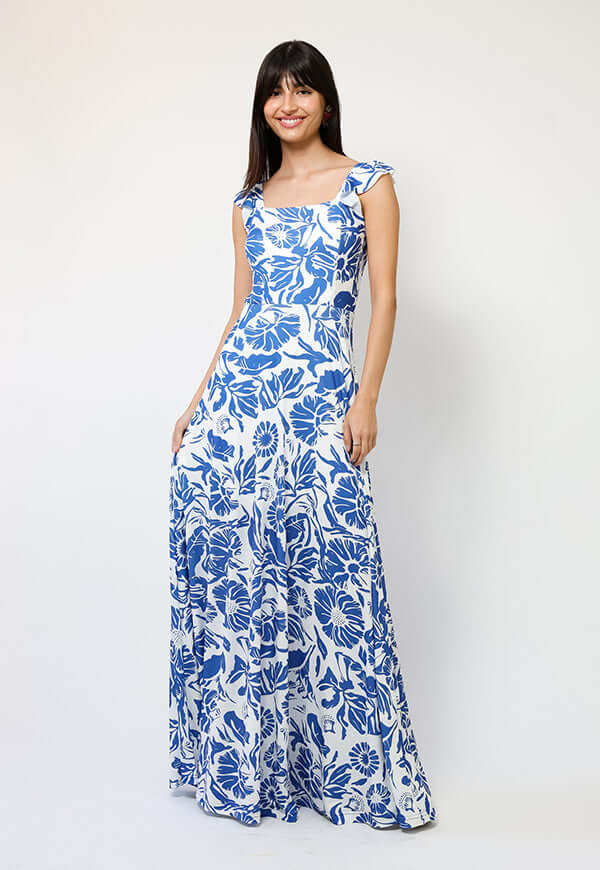 Vestido Mercedes Blanco Hojas Azul - Diseo Chileno | Natalia Seguel   Natalia Seguel
