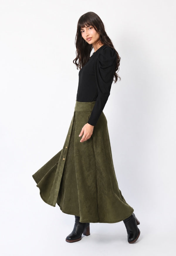 Falda Roma Gamuza Verde Musgo - Diseño de Autor | Natalia Seguel