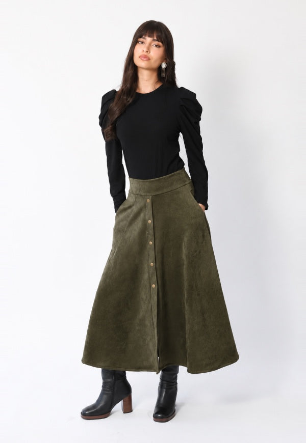 Falda Roma Gamuza Verde Musgo - Diseño de Autor | Natalia Seguel