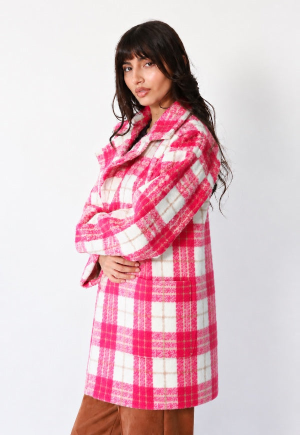 Chaqueta Leticia Larga Cuadros Blanco Rosa - Diseño de Autor | Natalia Seguel