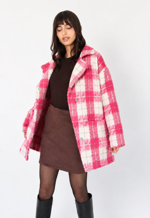Chaqueta Leticia Larga Cuadros Blanco Rosa - Diseño de Autor | Natalia Seguel