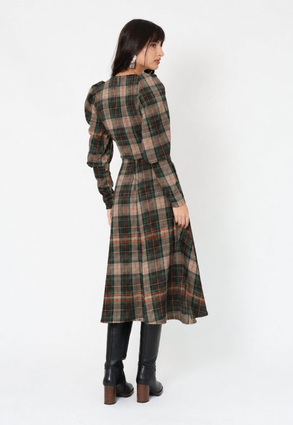 Vestido Mara Cuadrillé Café Verde – Vestido de Diseño Chileno