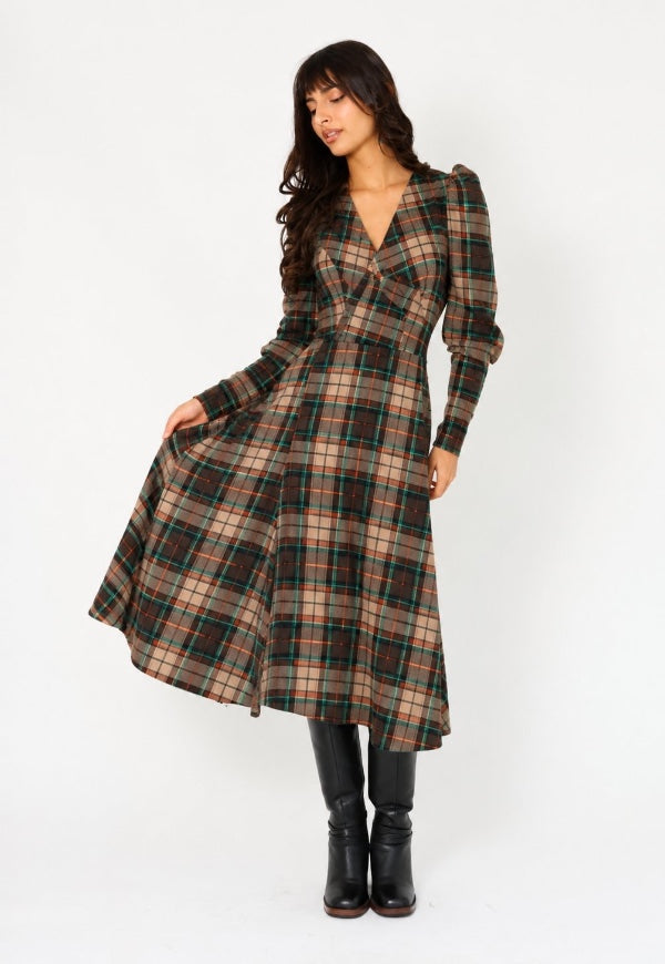 Vestido Mara Cuadrillé Café Verde – Vestido de Diseño Chileno
