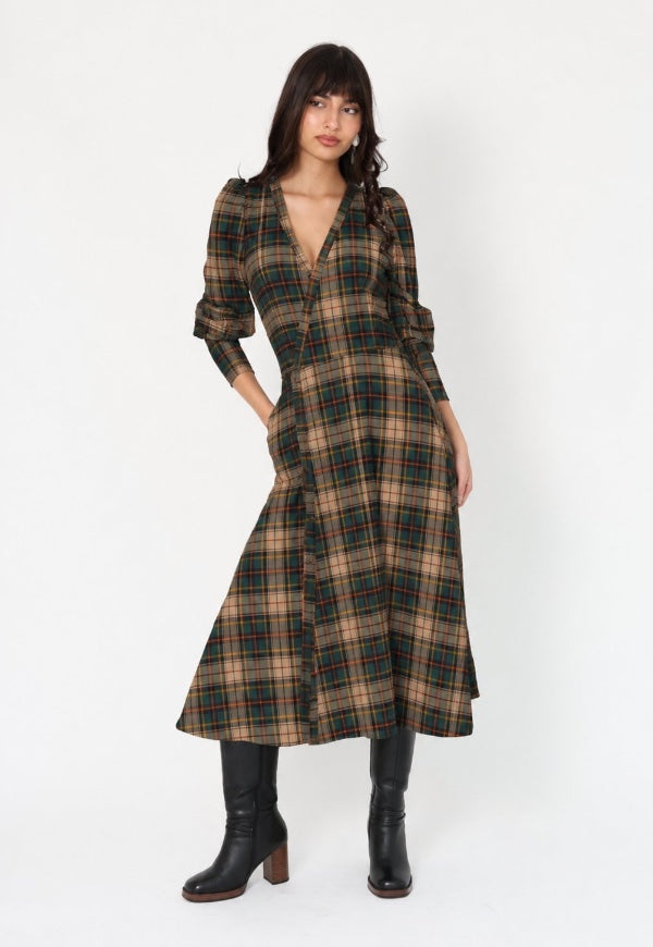Vestido Mara Cuadrillé Café Verde – Vestido de Diseño Chileno