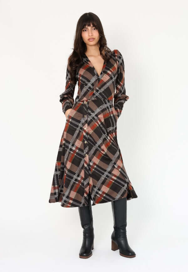 Vestido Mara Cuadrillé Café - Diseño Chileno | Natalia Seguel