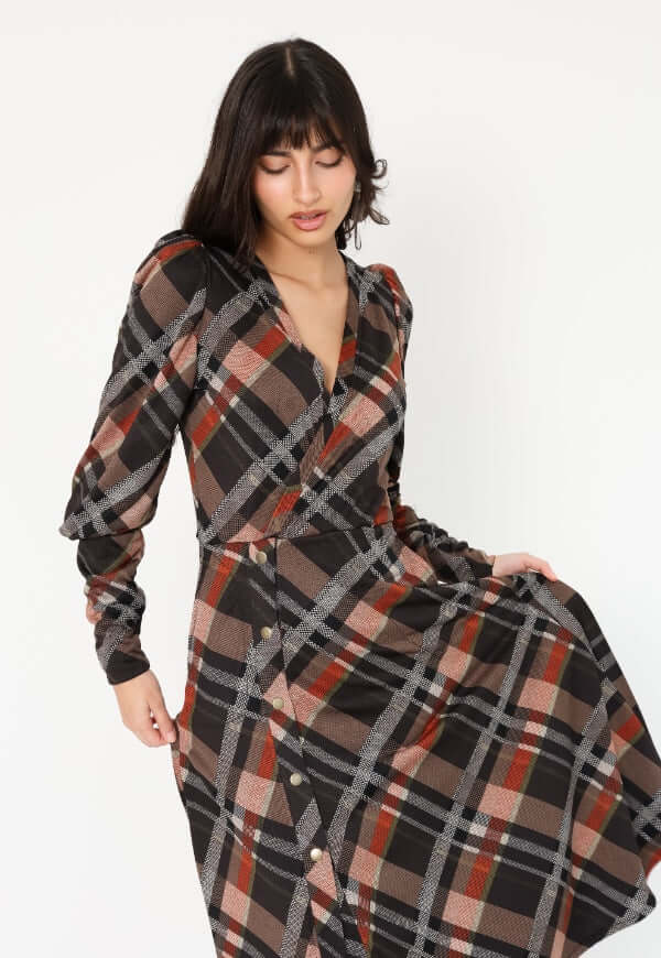 Vestido Mara Cuadrillé Café - Diseño Chileno | Natalia Seguel