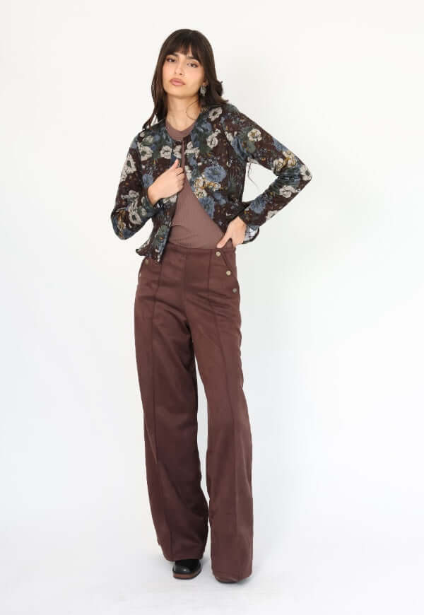 Chaqueta Gabriela Peplum café moro azul florecitas Natalia Seguel, vista lateral