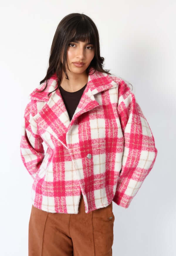 Chaqueta Leticia Cuadros Blanco Rosa - Diseño de Autor | Natalia Seguel