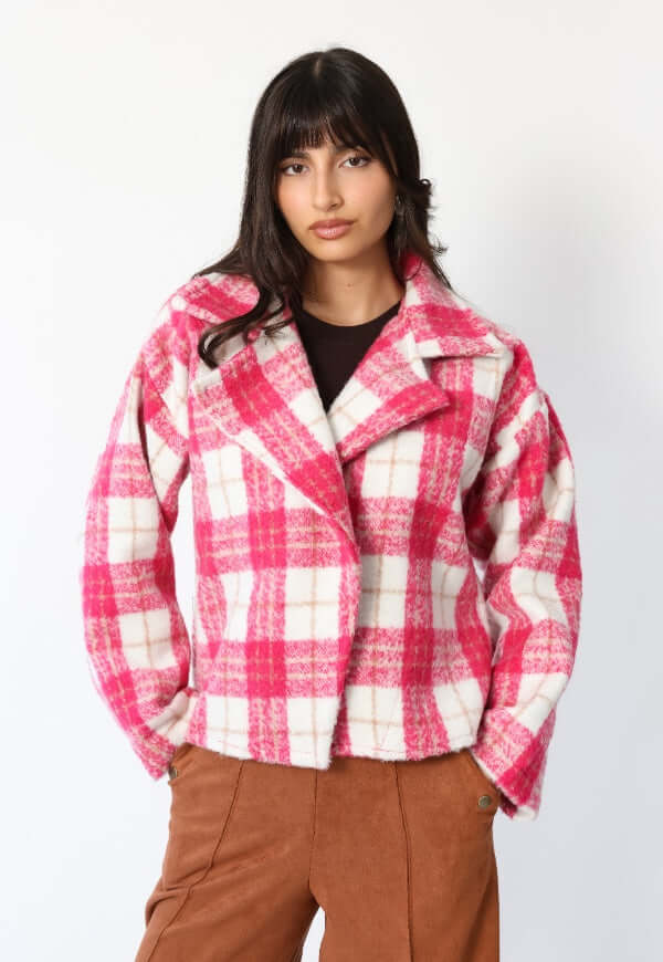 Chaqueta Leticia Cuadros Blanco Rosa - Diseño de Autor | Natalia Seguel
