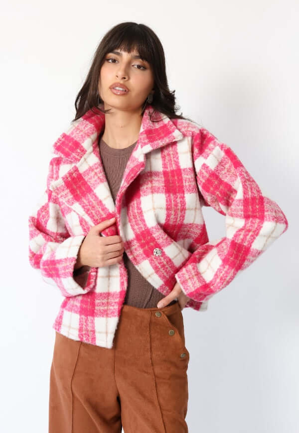 Chaqueta Leticia Cuadros Blanco Rosa - Diseño de Autor | Natalia Seguel