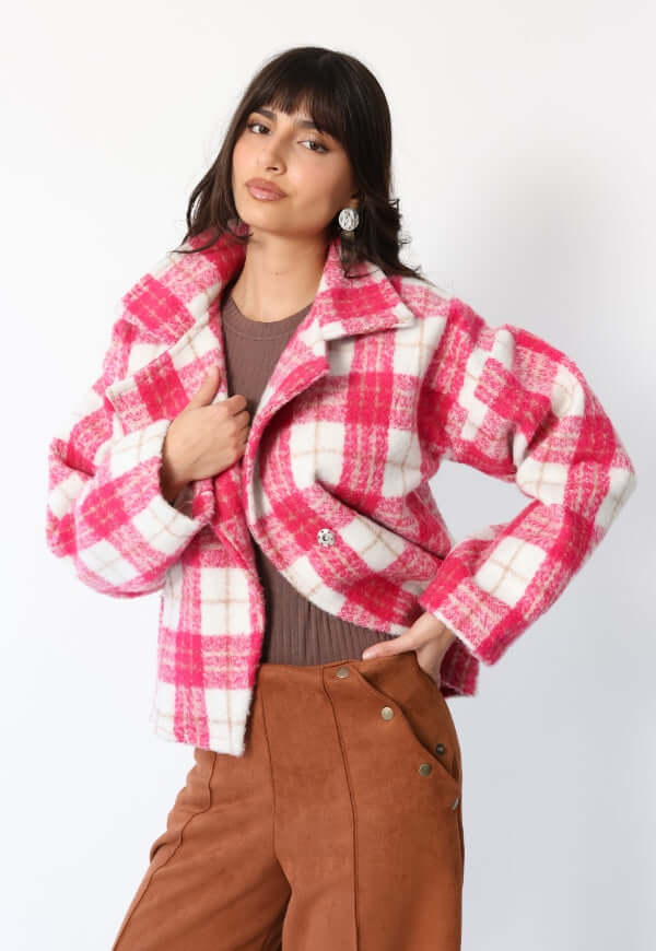 Chaqueta Leticia Cuadros Blanco Rosa - Diseño de Autor | Natalia Seguel