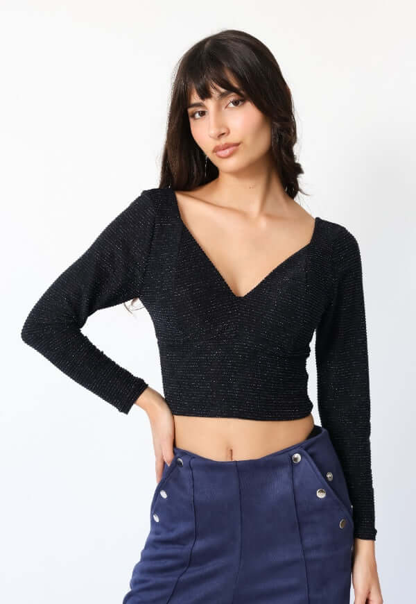 Crop Top Vera Largo azul con brillos, diseño de autor Natalia Seguel