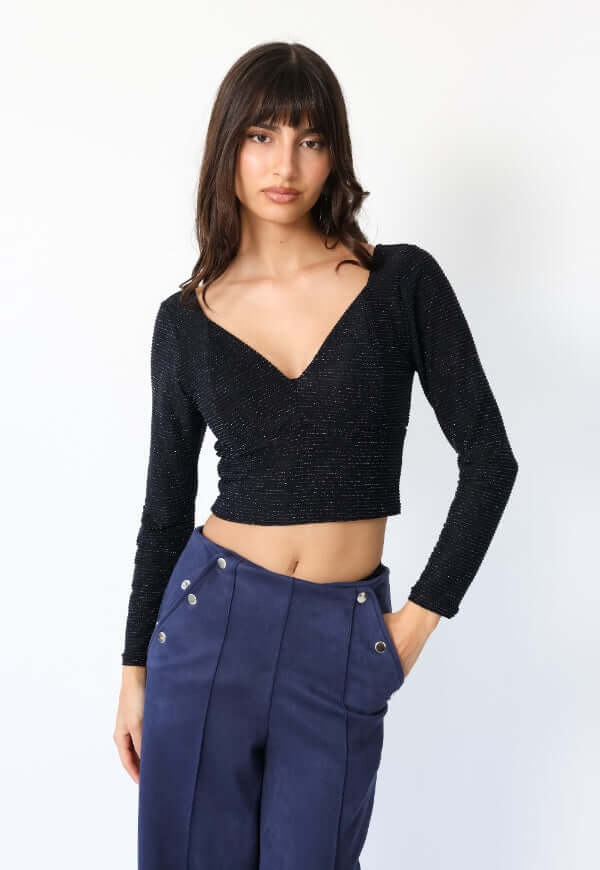 Crop Top Vera Largo azul con brillos Natalia Seguel, perspectiva lateral