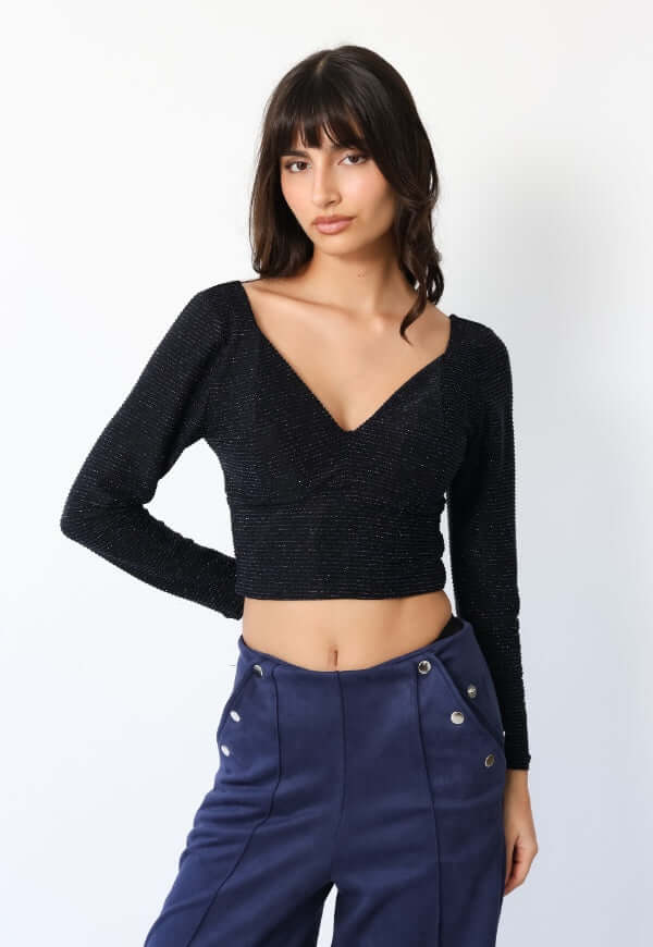 Crop Top Vera Largo azul brillos Natalia Seguel, ángulo posterior