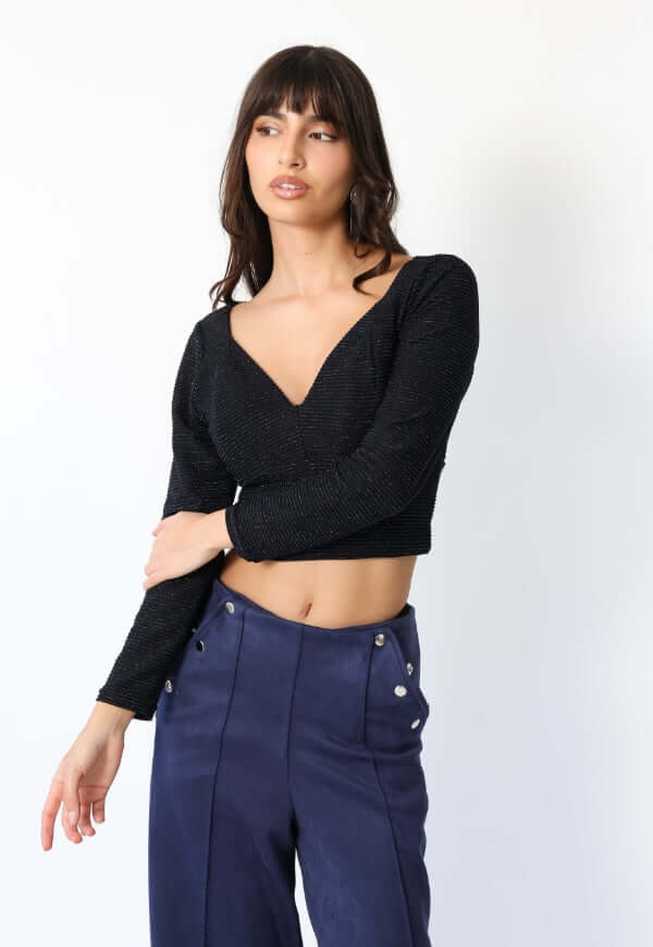 Crop Top Vera Largo azul con brillos Natalia Seguel, otra perspectiva de diseño