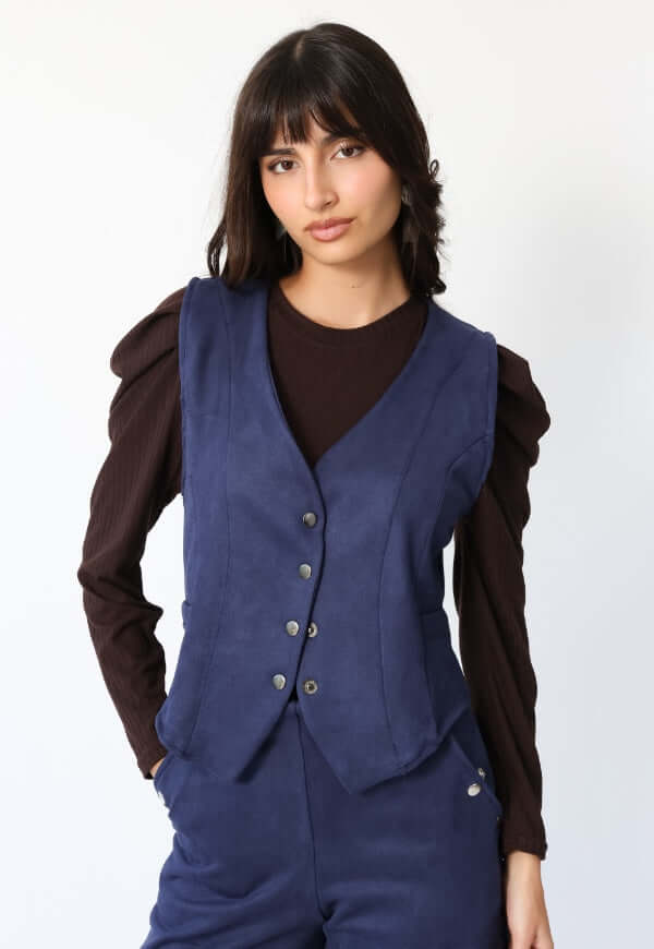 Chaqueta Gillette Gamuza Azul Francia, diseño de autor Natalia Seguel, ropa mujer Chile