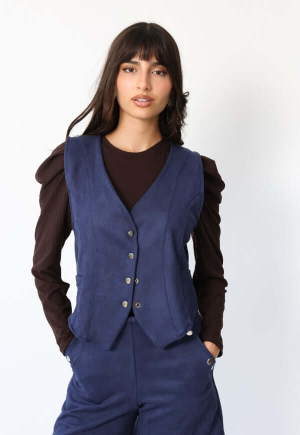 Chaqueta Gillette Gamuza Azul Francia Natalia Seguel, otra perspectiva del corte