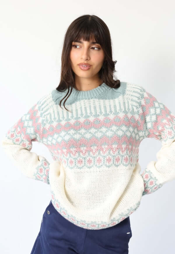 Sweater Jacquard Celeste Blanco Nórdico -Diseño de Autor | Natalia Seguel