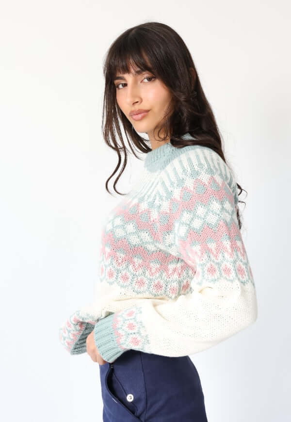 Sweater Jacquard Celeste Blanco Nórdico -Diseño de Autor | Natalia Seguel
