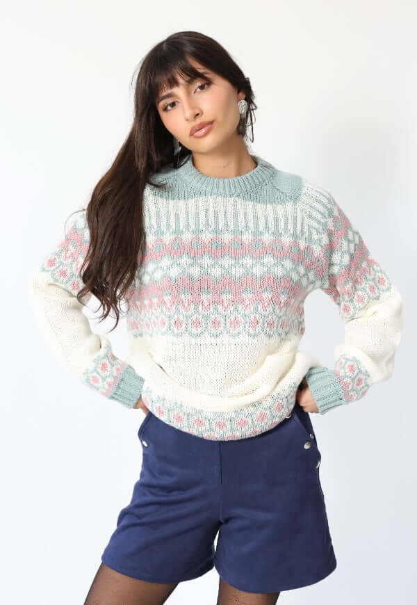 Sweater Jacquard Celeste Blanco Nórdico -Diseño de Autor | Natalia Seguel