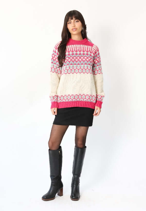 Sweater Jacquard Fucsia Blanco Nórdico -Diseño de Autor | Natalia Seguel
