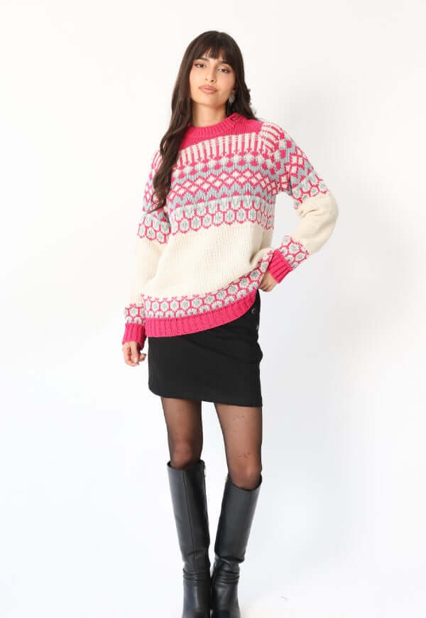 Sweater Jacquard Fucsia Blanco Nórdico -Diseño de Autor | Natalia Seguel