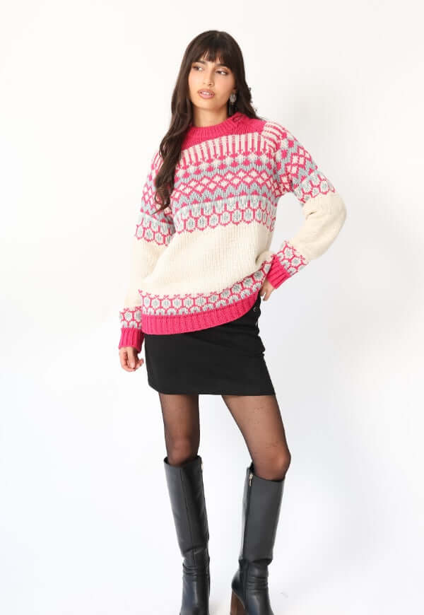 Sweater Jacquard Fucsia Blanco Nórdico -Diseño de Autor | Natalia Seguel