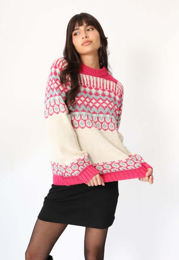 Sweater Jacquard Fucsia Blanco Nórdico -Diseño de Autor | Natalia Seguel