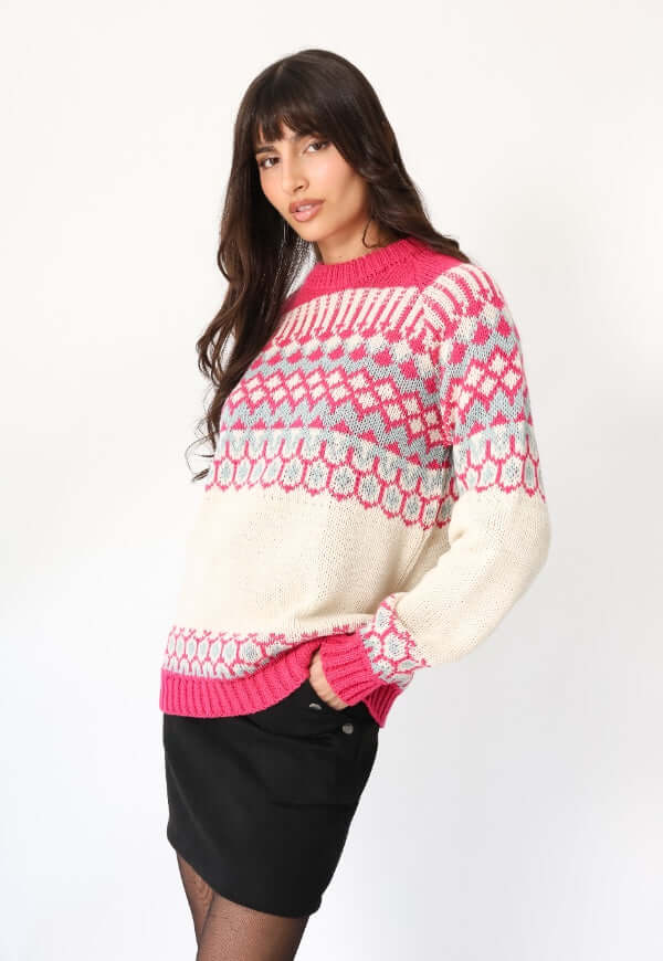 Sweater Jacquard Fucsia Blanco Nórdico -Diseño de Autor | Natalia Seguel