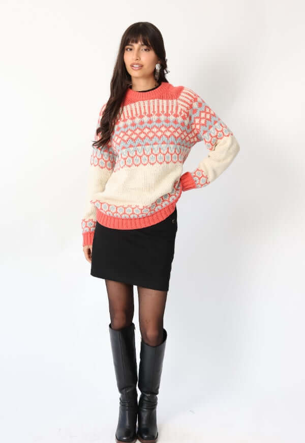 Sweater Jacquard Coral Blanco Nórdico -Diseño de Autor | Natalia Seguel