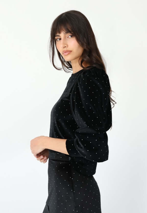 Polera Abril Mangas Largas Negro Terciopelo Puntos Dorados | Natalia Seguel