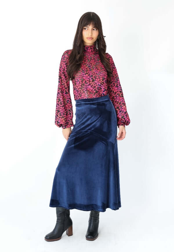 Falda Romi Azul Terciopelo - Diseño de Autor | Natalia Seguel