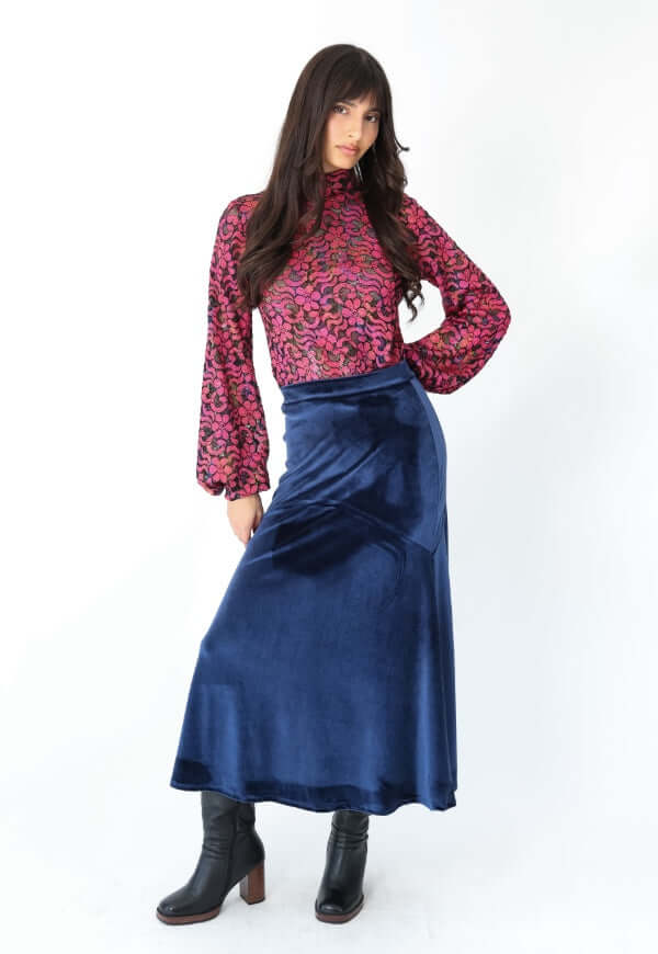 Falda Romi Azul Terciopelo - Diseño de Autor | Natalia Seguel