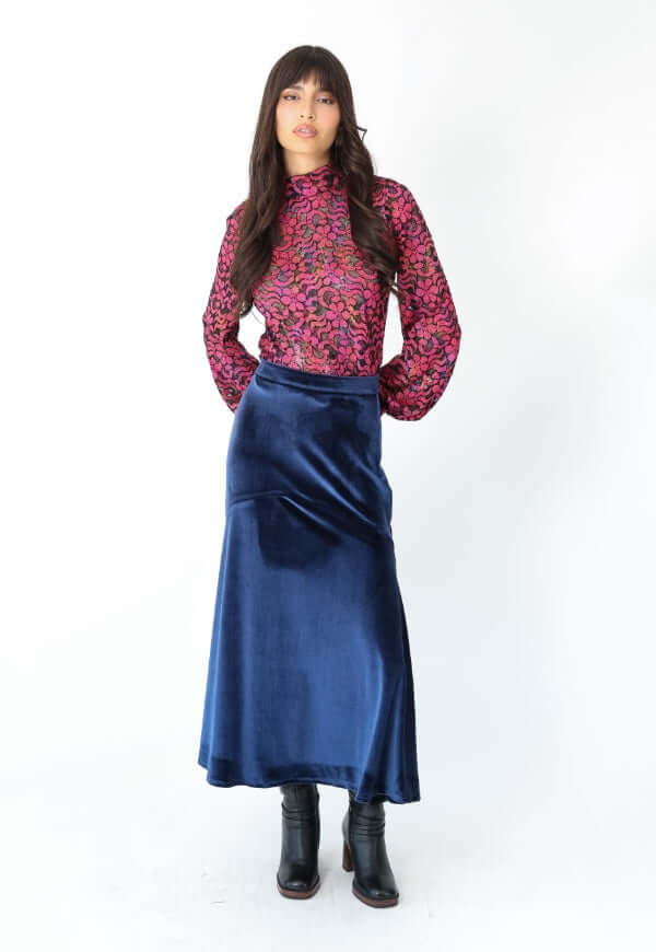 Falda Romi Azul Terciopelo - Diseño de Autor | Natalia Seguel