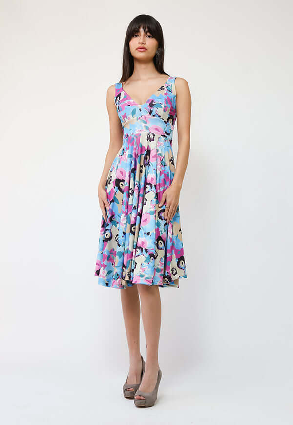 Vestido Dani Celeste Flores Fucsia - Diseño Chileno | Natalia Seguel