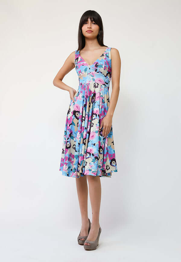 Vestido Dani Celeste Flores Fucsia - Diseño Chileno | Natalia Seguel