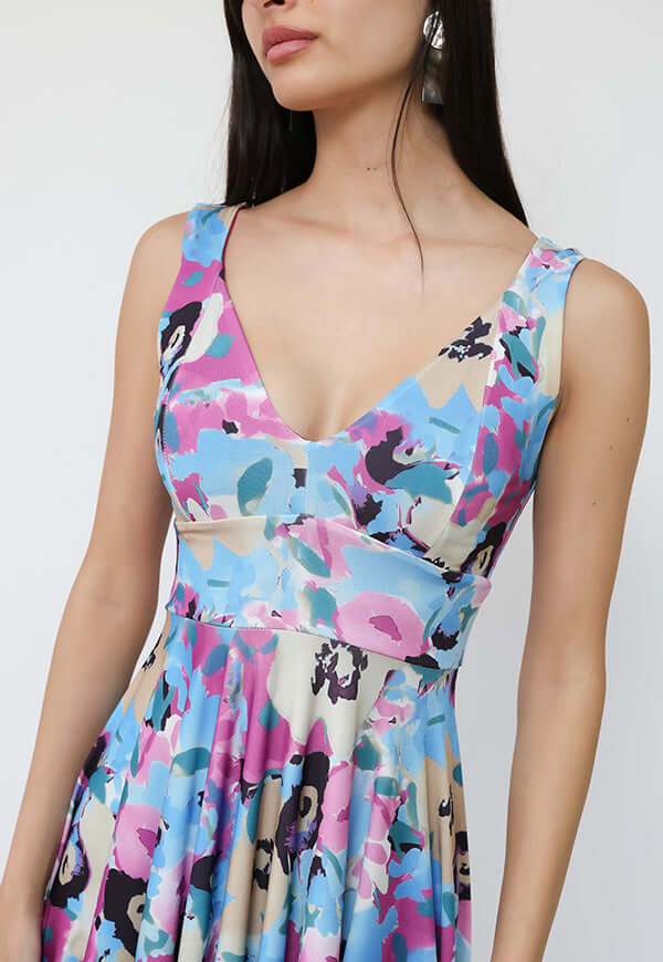 Vestido Dani Celeste Flores Fucsia - Diseño Chileno | Natalia Seguel