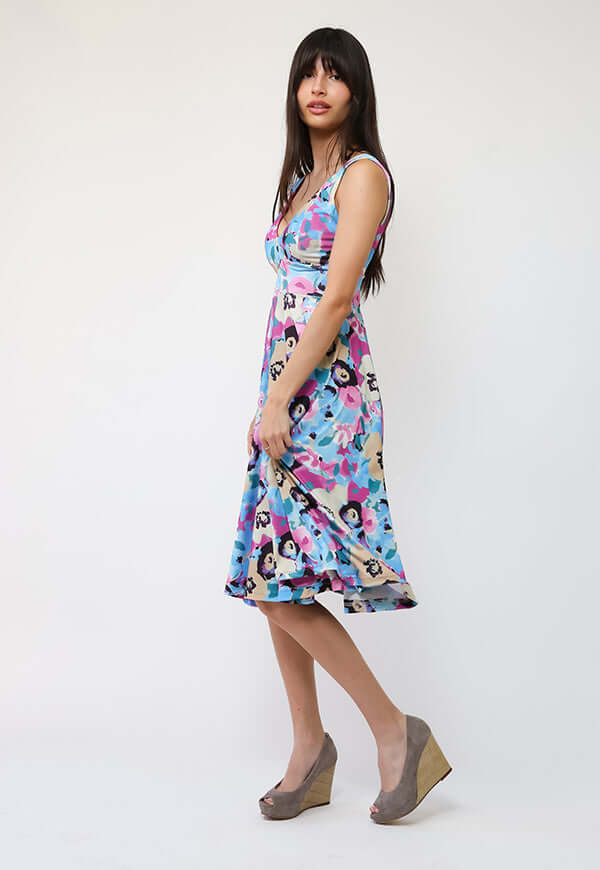 Vestido Dani Celeste Flores Fucsia - Diseño Chileno | Natalia Seguel