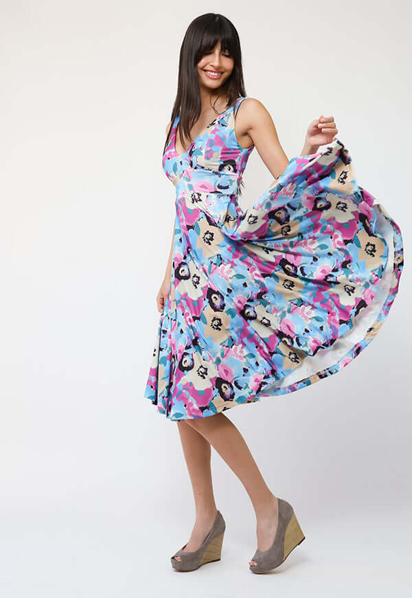 Vestido Dani Celeste Flores Fucsia - Diseño Chileno | Natalia Seguel