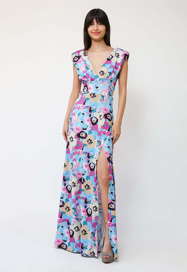 Vestido Camile Celeste Flores Fucsia - Diseño Chileno | Natalia Seguel