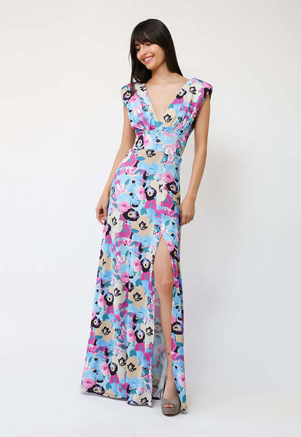 Vestido Camile Celeste Flores Fucsia - Diseño Chileno | Natalia Seguel