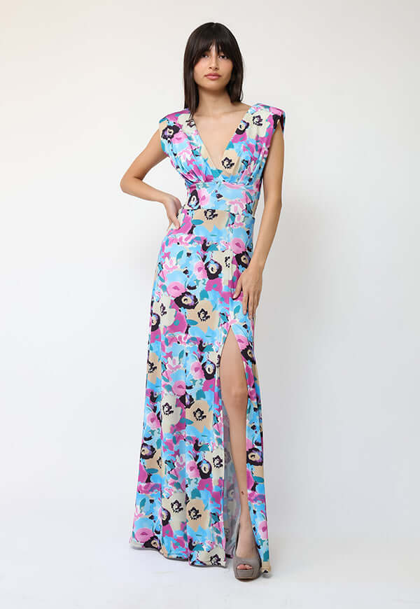 Vestido Camile Celeste Flores Fucsia - Diseño Chileno | Natalia Seguel