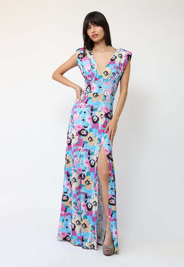 Vestido Camile Celeste Flores Fucsia - Diseño Chileno | Natalia Seguel