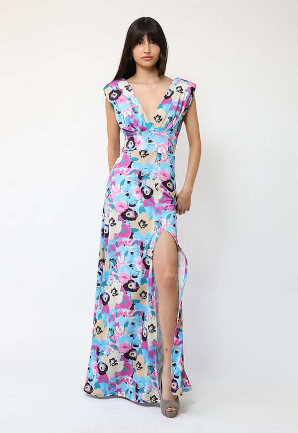 Vestido Camile Celeste Flores Fucsia - Diseño Chileno | Natalia Seguel