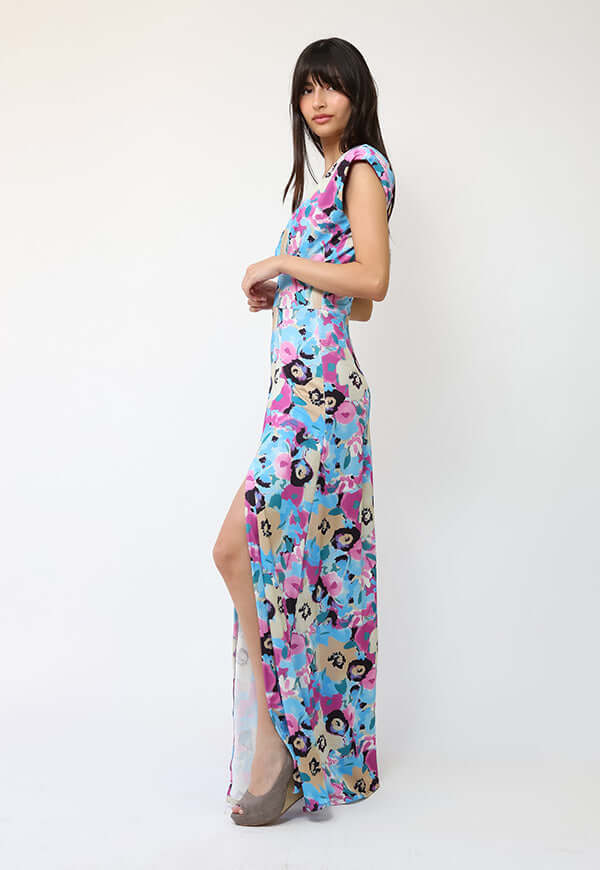 Vestido Camile Celeste Flores Fucsia - Diseño Chileno | Natalia Seguel