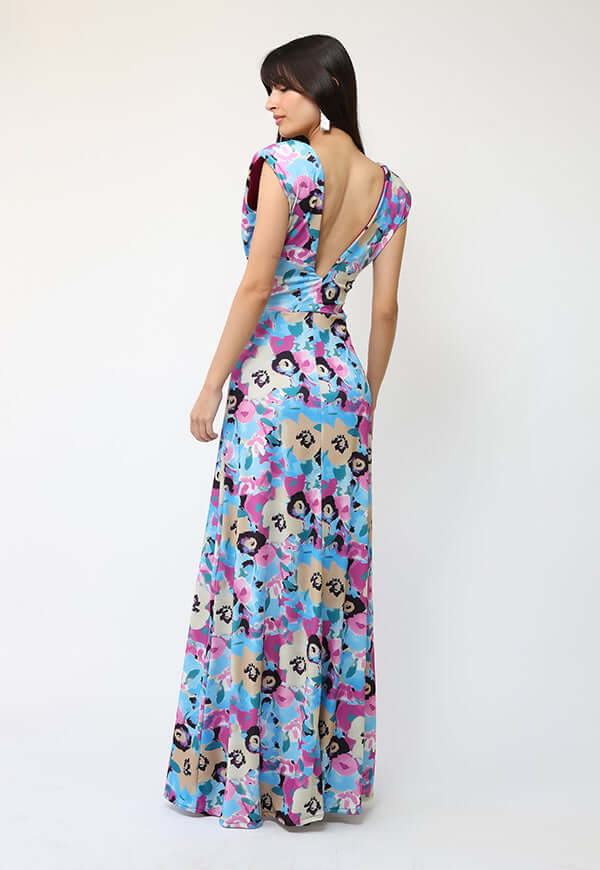 Vestido Camile Celeste Flores Fucsia - Diseño Chileno | Natalia Seguel