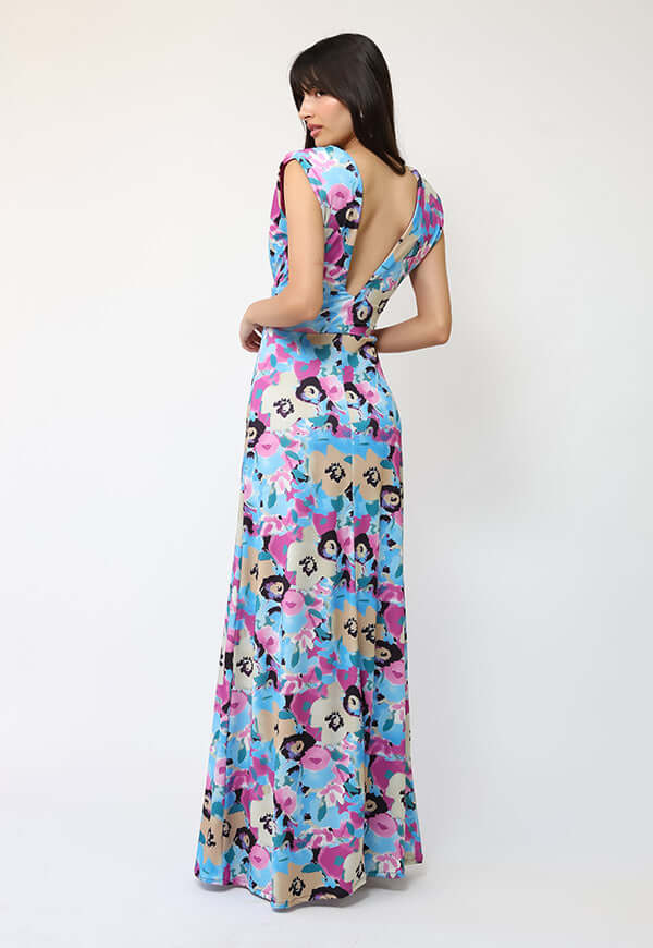 Vestido Camile Celeste Flores Fucsia - Diseño Chileno | Natalia Seguel