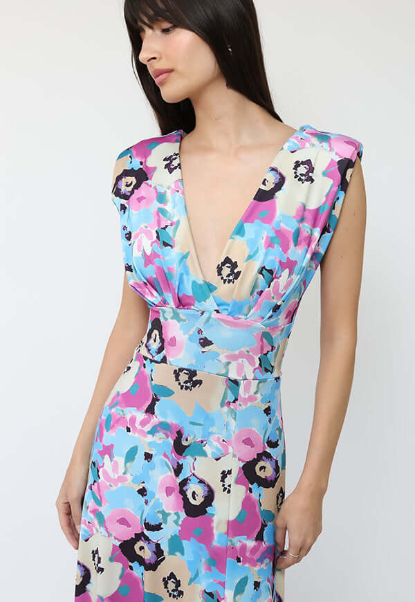 Vestido Camile Celeste Flores Fucsia - Diseño Chileno | Natalia Seguel