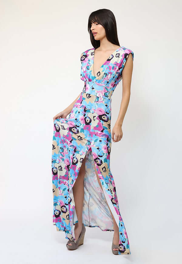 Vestido Camile Celeste Flores Fucsia - Diseño Chileno | Natalia Seguel