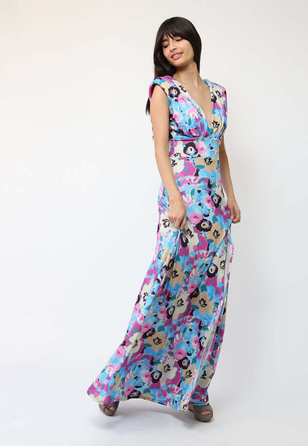 Vestido Camile Celeste Flores Fucsia - Diseño Chileno | Natalia Seguel